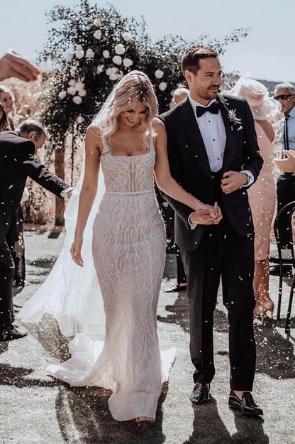 Gorgeous Mermaid Sleeveless Spaghetti Straps Lace Wedding Dresses, MW795 | beaded wedding dresses | lace wedding gown | wedding dresses stores | musebridals.com