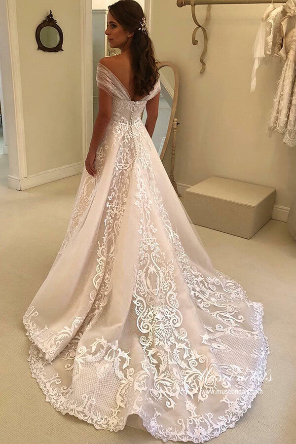 Gorgeous Tulle A-line Off-the-Shoulder Lace Appliques Wedding Dresses, MW980 | backless wedding dress | bohemian wedding dress | wedding dresses online | musebridals.com