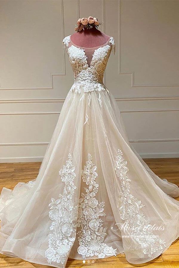 Gorgeous Tulle A-line Scoop Sleeveless Lace Appliques Wedding Dresses, MW940 | cheap lace wedding dresses | wedding gown | bridal style | musebridals.com