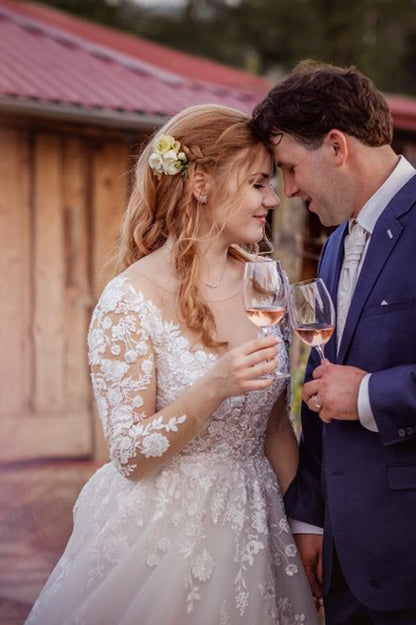 Gorgeous Tulle Lace Illusion Neck Long Sleeves Wedding Dresses, MW529 | cheap lace wedding dress | bridal gowns | ivory wedding dresses | a line wedding dresses | www.musebridals.com