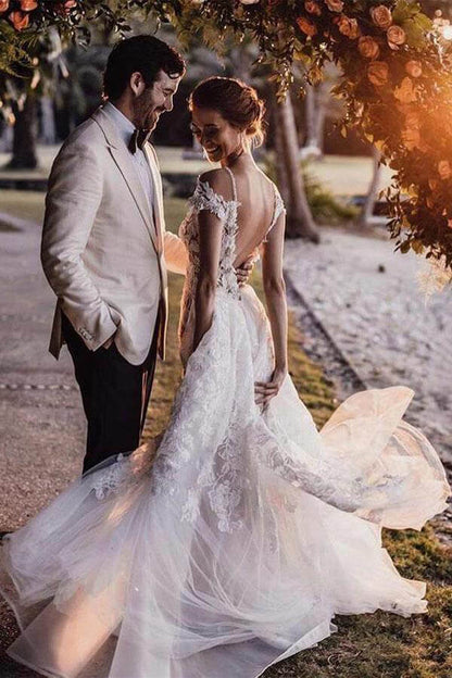 Gorgeous Tulle Mermaid Cap Sleeves Lace Appliqued Wedding Dresses, MW979 | mermaid lace wedding dress | wedding gown | vintage wedding dress | musebridals.com