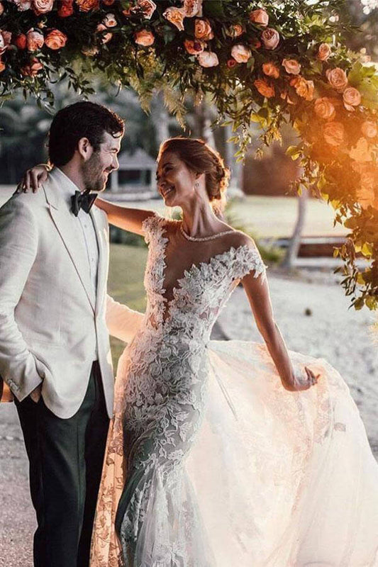 Gorgeous Tulle Mermaid Cap Sleeves Lace Appliqued Wedding Dresses, MW979 | lace wedding dress | cheap wedding dress | bridal gown | musebridals.com