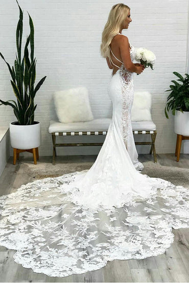 Gorgeous Tulle Mermaid Deep V Neck Backless Lace Wedding Dresses, MW974 | cheap wedding dresses online | wedding dresses near me | bridal gown | musebridals.com