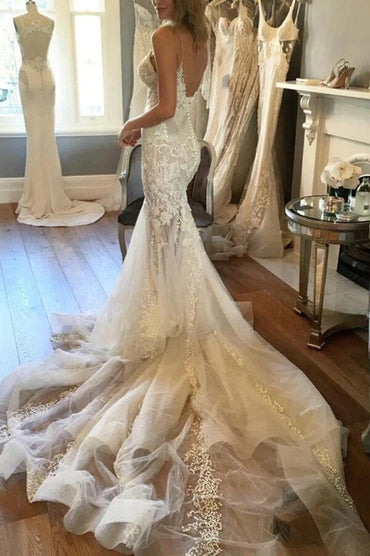 Gorgeous Tulle Mermaid V-neck Wedding Dresses With Lace Appliques, MW1012 | lace wedding gown | beach wedding dress | mermaid wedding dress | musebridals.com