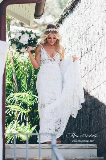 Graceful Mermaid V-neck Lace Wedding Dresses With Sweep Train, MW936 | simple wedding dresses | beach wedding dresses | affordable wedding dresses | musebridals.com