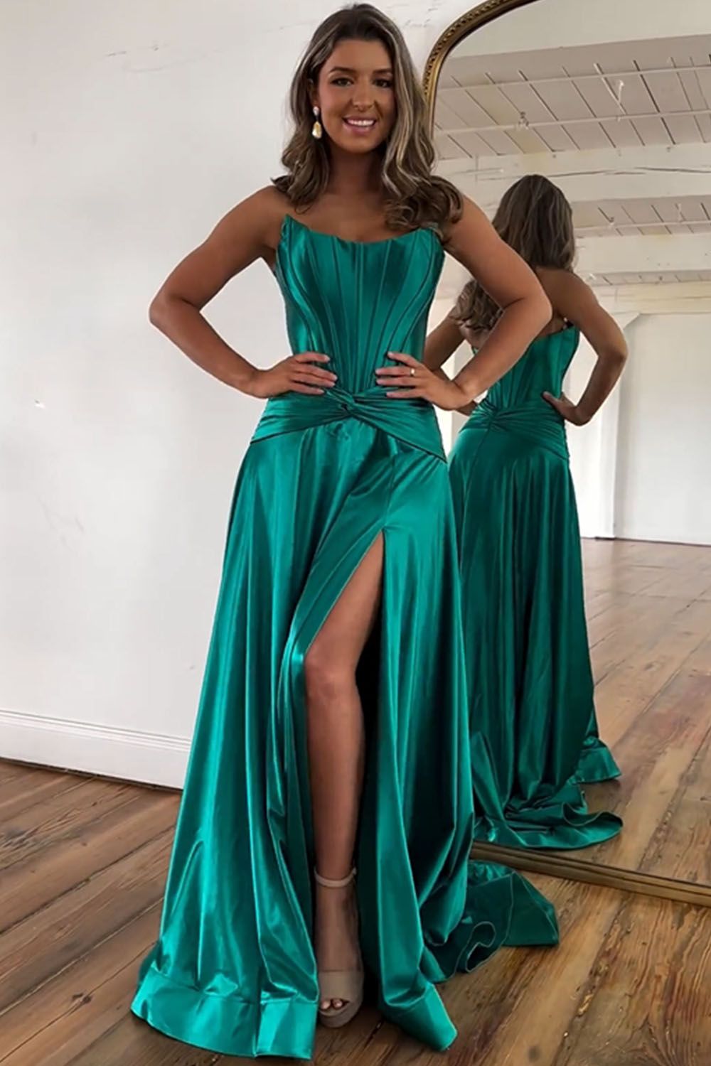 Roycebridal Annette | Green A-Line Strapless Zipper Back Long Satin Prom Dress With Split