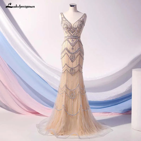 Roycebridal Elegant V Neck Crystal Beaded Evening Dresses with cape 2020 Long Mermaid Formal Evening Gown Backless Gold Vestido De Festa