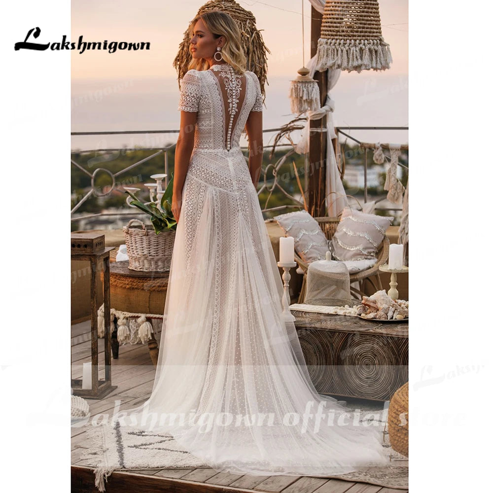 Full Lace Bohemian Wedding Dress Robe Longue Vintage soft Tulle Wedding Dresses Chic Bridal Gowns High neck abito da sposa