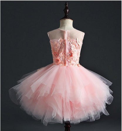 Beaded 3D Floral Butterflies Tiered Pink Tulle Hi Low Wedding Party Flower Girl Dress