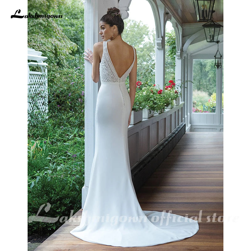 Sexy Backless Wedding Dress Crepe Fit and Flare Gown with Allover Lace Bodice Wedding Gowns Robe Femme Roycebridal