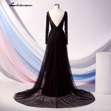 Roycebridal Lakshmigown Elegant Black Long Sleeve Evening Dress O Neck Beaded Tulle Formal Women Evening Gowns Robe De Soiree