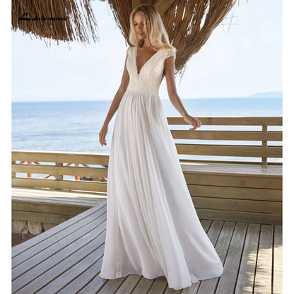 Simple Bohemian Wedding Dress Cap Sleeve V-Neck Floor Length Chiffon A-Line Bridal Gowns With Charming For Women