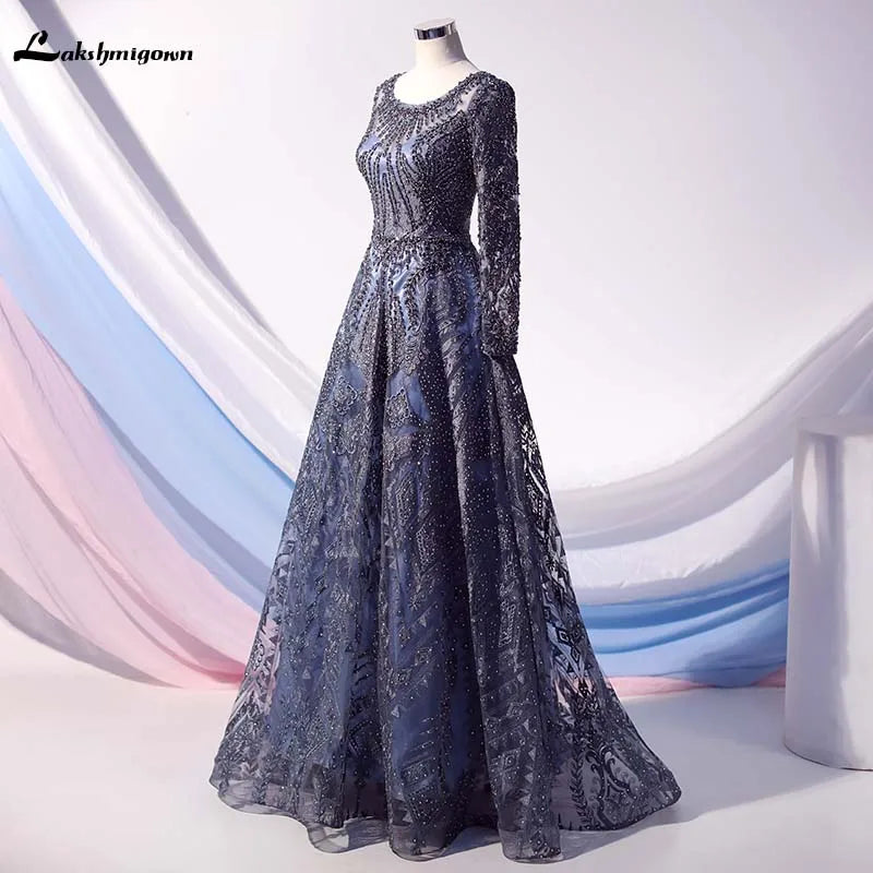 Roycebridal Lakshmigown Dubai Luxury Long Sleeves Evening Dresses Navy Blue O-Neck Crystal Evening Gowns Robe de Soiree