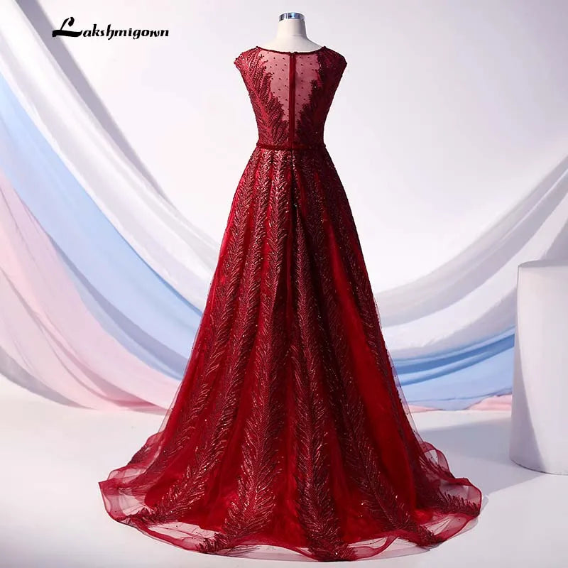 Roycebridal 2020 Burgundy Evening Dresses Long V Neck Tulle Crystal Beaded Evening Gown A-Line Formal Party Dress vestido de festa de noche