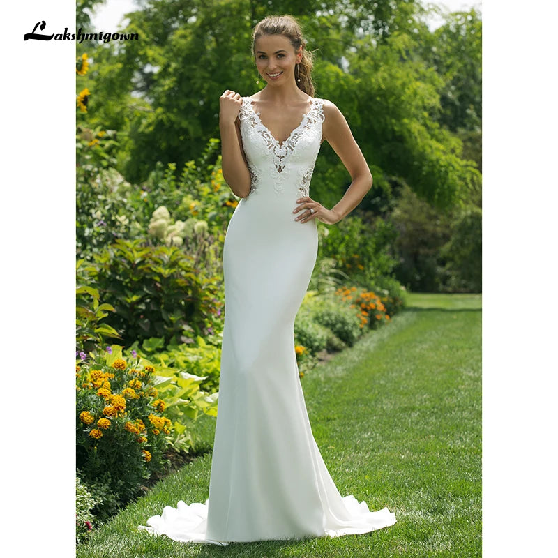 Soft Satin Mermaid Wedding Dresses for Bride V-Neck Straight Gown with Double Key Hole Back Bridal Gowns Vestido De Noiva