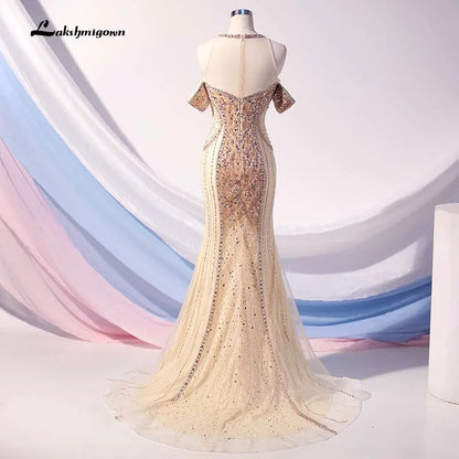 Roycebridal Lakshmigown Gold Crystals Mermaid Evening Dress Beading Women Dresses Formal Gown Robe de Soiree