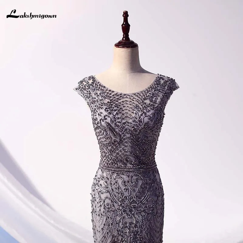 Roycebridal Lakshmigown Luxury Grey Crystals Evening Dress Long Mermaid Beaded Cap Sleeve Evening Gown Formal Party Dress Vestido Gala Largo