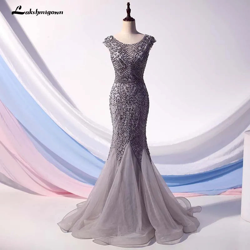 Roycebridal Lakshmigown Luxury Grey Crystals Evening Dress Long Mermaid Beaded Cap Sleeve Evening Gown Formal Party Dress Vestido Gala Largo