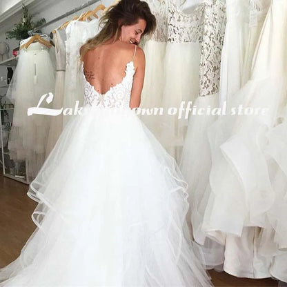 Roycebridal lakshmigown  V Neck Princess Tulle Wedding Dresses Thin Straps Puffy Bridal Dress  Robes de Mariag A-line Wedding Dresses