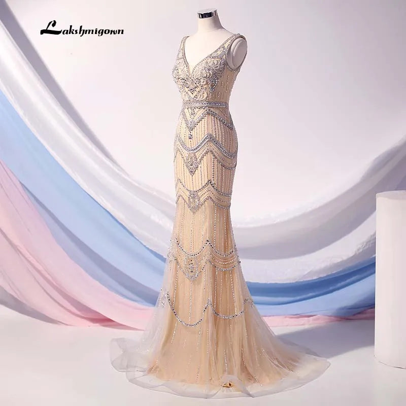 Roycebridal Elegant V Neck Crystal Beaded Evening Dresses with cape 2020 Long Mermaid Formal Evening Gown Backless Gold Vestido De Festa