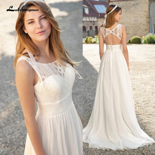 Roycebridal White ivory Beach Wedding Dresses  A Line Lace Bride Dresses Chiffon Wedding Gowns Vestidos de novia