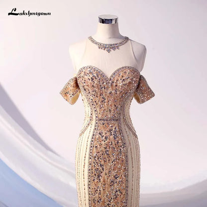 Roycebridal Lakshmigown Gold Crystals Mermaid Evening Dress Beading Women Dresses Formal Gown Robe de Soiree