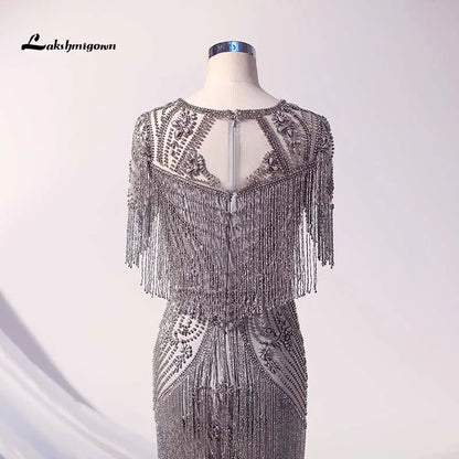 Roycebridal Lakshmigown Couture Luxury Silver Crystals Evening Dresses Long High Neck Cap Sleeve Mermaid Evening Gown Robe De Soiree