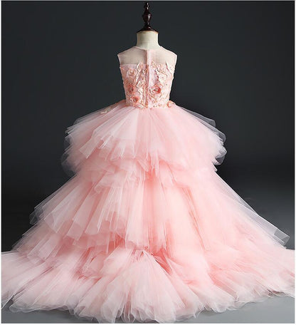 Beaded 3D Floral Butterflies Tiered Pink Tulle Hi Low Wedding Party Flower Girl Dress