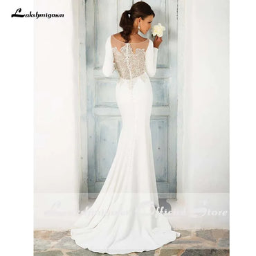 Roycebridal Elegant White Stain Mermaid Wedding Dresses Long Sleeves Bridal Gown Vestido De Noiva Sweep/ Brush Train Wedding Gown