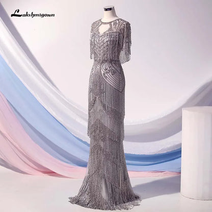 Roycebridal Lakshmigown Couture Luxury Silver Crystals Evening Dresses Long High Neck Cap Sleeve Mermaid Evening Gown Robe De Soiree