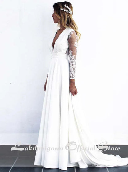 Roycebridal Cheap Long White Lace A-line Wedding Dresses Bridal Gowns vestido de noiva with see-through long sleeves robe mariage femme