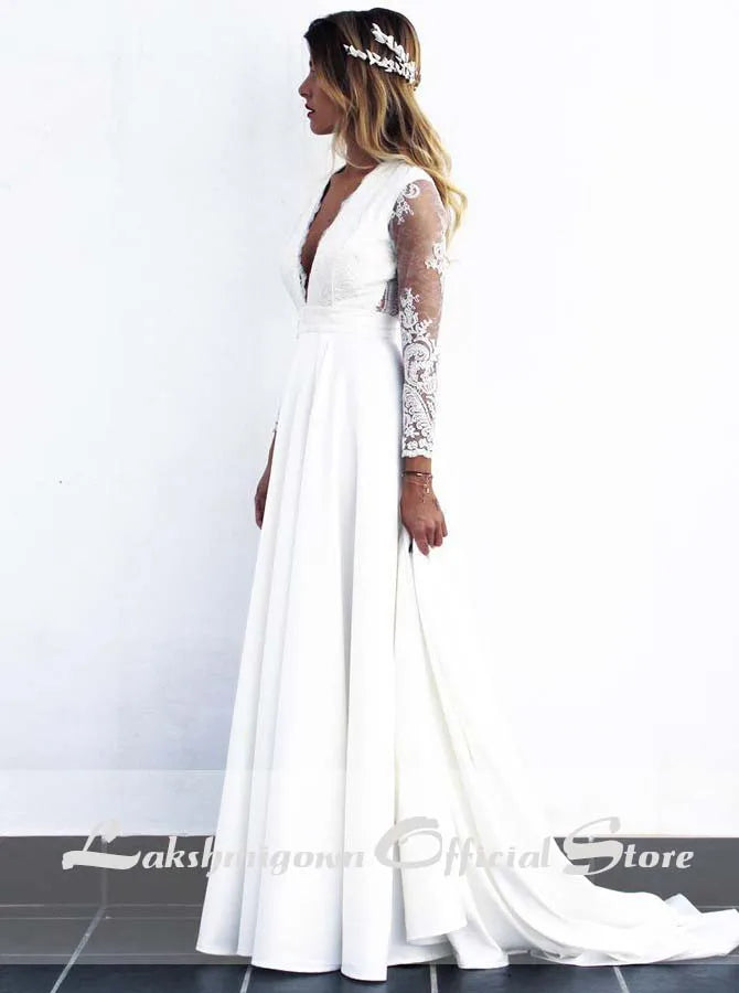 Roycebridal 2020 Long White Lace A-line Wedding Dresses Bridal Gowns with see-through long sleeves vestido de noiva real photos