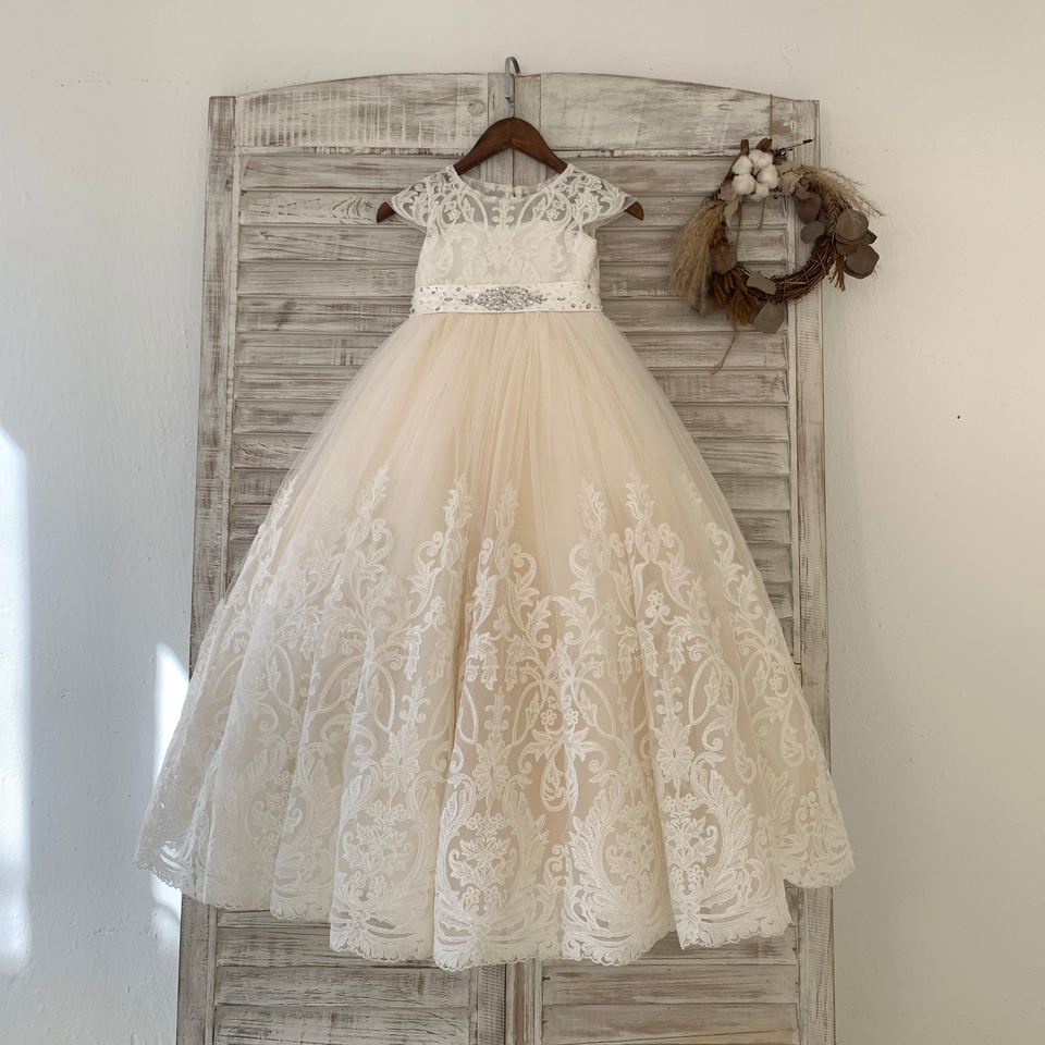 Cap Sleeves Champagne Lace Tulle Wedding Flower Girl Dress Kids Party