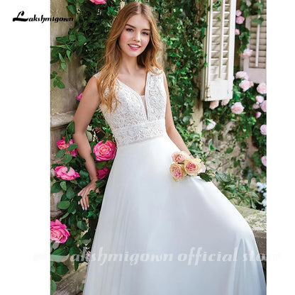 Roycebridal Chiffon Wedding Dresses V-Neck A-line Dress with Full Chiffon Skirt Bruidsjurk Chic Bridal Dresses Lace Bodice