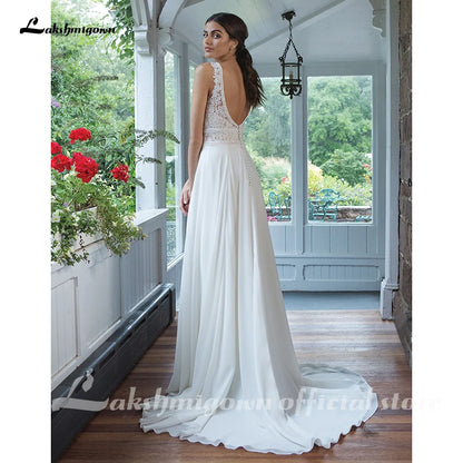 Roycebridal Chiffon Wedding Dresses V-Neck A-line Dress with Full Chiffon Skirt Bruidsjurk Chic Bridal Dresses Lace Bodice