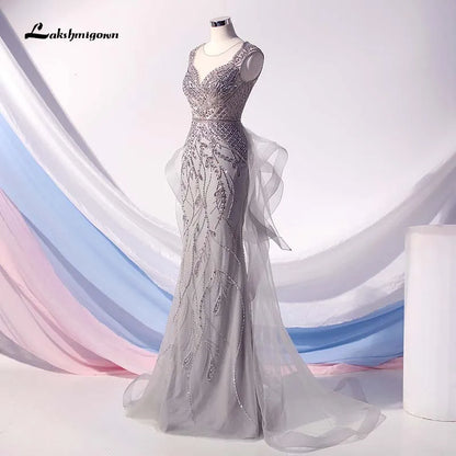 Roycebridal Lakshmigown Fashion Silver Rhinestones Mermaid Evening Dress Long Ruffles Tulle Beaded Evening Gown Robe De Soiree Formal Party