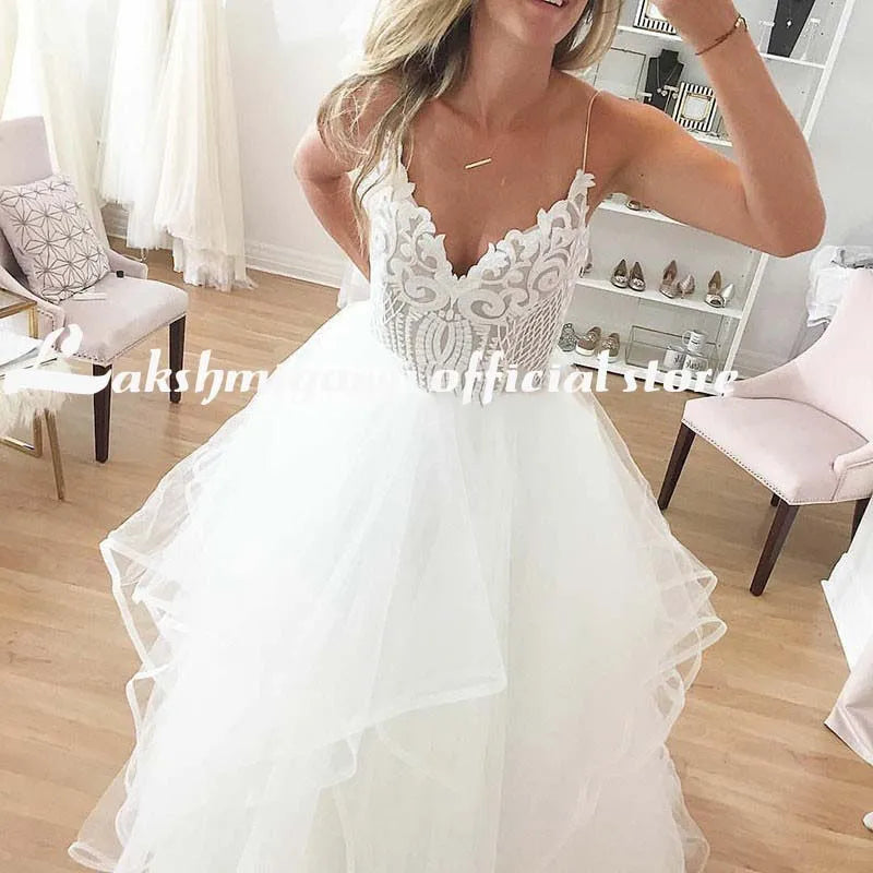 Roycebridal lakshmigown  V Neck Princess Tulle Wedding Dresses Thin Straps Puffy Bridal Dress  Robes de Mariag A-line Wedding Dresses