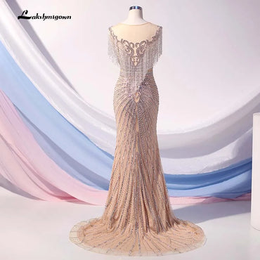 Roycebridal Lakshmigown Luxury Nude Long Mermaid Evening Dress Rhinestones Beading Pageant Dresses Vestido De Festa Party Dress Formal Gown