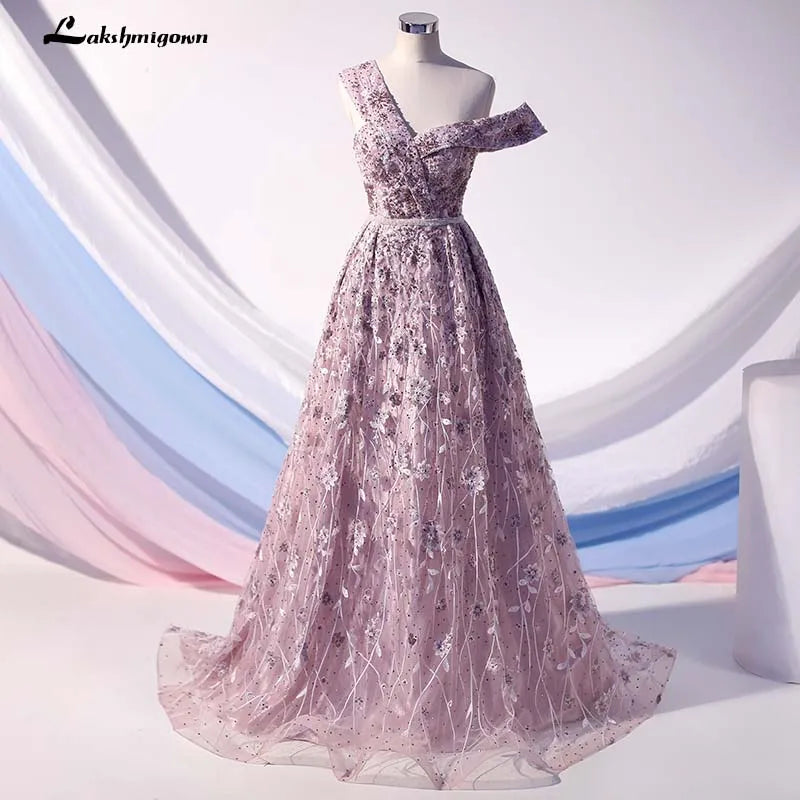 Roycebridal Lakshmigown Purple V-Neck Crystal Lace Sexy Evening Dresses 2020 Dubai Sleeveless A-Line Fromal Dresses Long Vestido de Fiesta