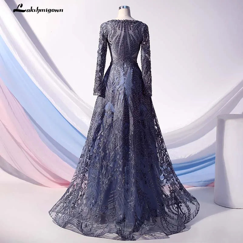 Roycebridal Lakshmigown Dubai Luxury Long Sleeves Evening Dresses Navy Blue O-Neck Crystal Evening Gowns Robe de Soiree