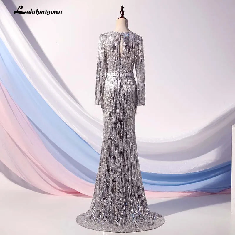 Roycebridal Lakshmigown Luxury Silver Mermaid Sequined Evening Dresses V-Neck Long Sleeves Evening Gown robe de soiree