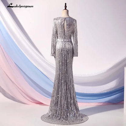 Roycebridal Lakshmigown Luxury Silver Mermaid Sequined Evening Dresses V-Neck Long Sleeves Evening Gown robe de soiree