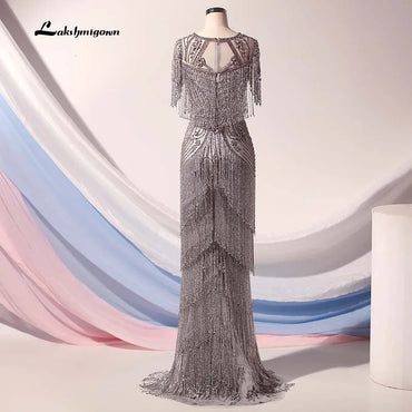 Roycebridal Lakshmigown Couture Luxury Silver Crystals Evening Dresses Long High Neck Cap Sleeve Mermaid Evening Gown Robe De Soiree