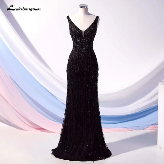 Roycebridal Lakshmigown Black Tassel Evening Dress Long Crystals Beaded Backless Formal Evening Gown Party Dress Robe De Soiree