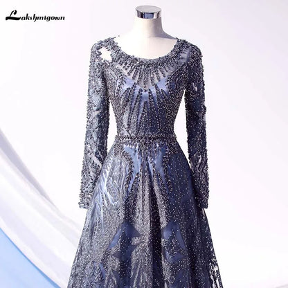 Roycebridal Lakshmigown Dubai Luxury Long Sleeves Evening Dresses Navy Blue O-Neck Crystal Evening Gowns Robe de Soiree