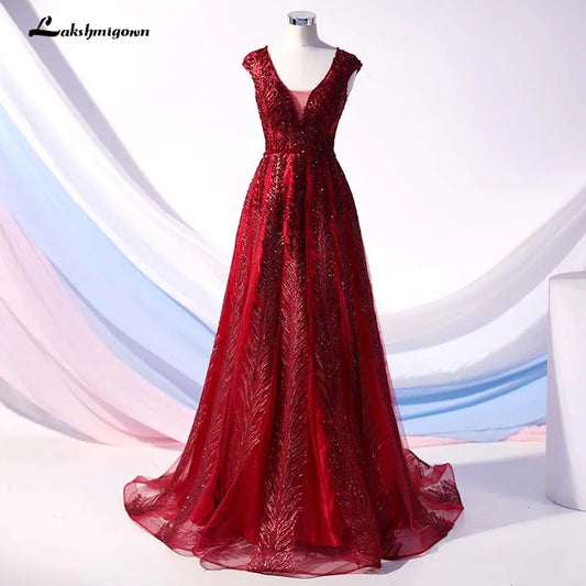 Roycebridal 2020 Burgundy Evening Dresses Long V Neck Tulle Crystal Beaded Evening Gown A-Line Formal Party Dress vestido de festa de noche