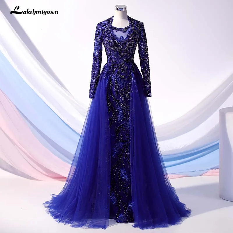 Roycebridal Luxury Navy Blue Latest Design Evening Dresses 2020 Long Sleeves A-Line Sexy Evening Gowns Dubai Sequined Sparkle Evening Dress