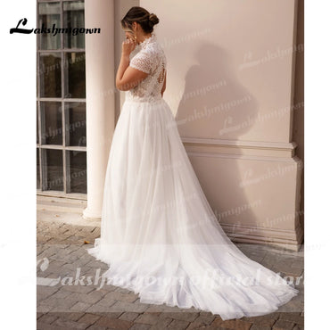 High Collar Short Sleeve Wedding Dresses Tulle Appliques Pearls Covered Button A-Line Bridal Gowns Roycebridal