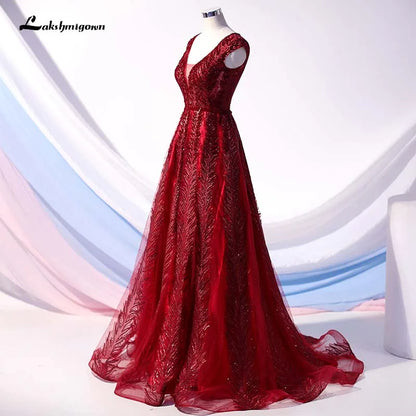 Roycebridal 2020 Burgundy Evening Dresses Long V Neck Tulle Crystal Beaded Evening Gown A-Line Formal Party Dress vestido de festa de noche