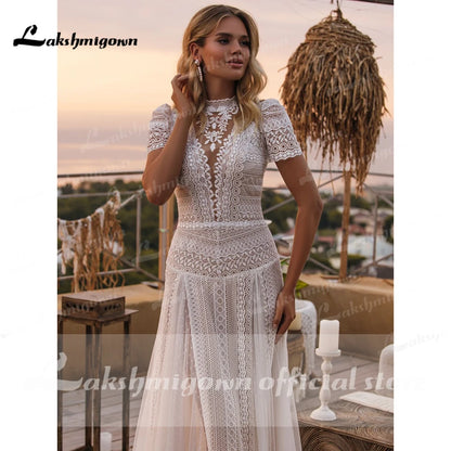 Full Lace Bohemian Wedding Dress Robe Longue Vintage soft Tulle Wedding Dresses Chic Bridal Gowns High neck abito da sposa